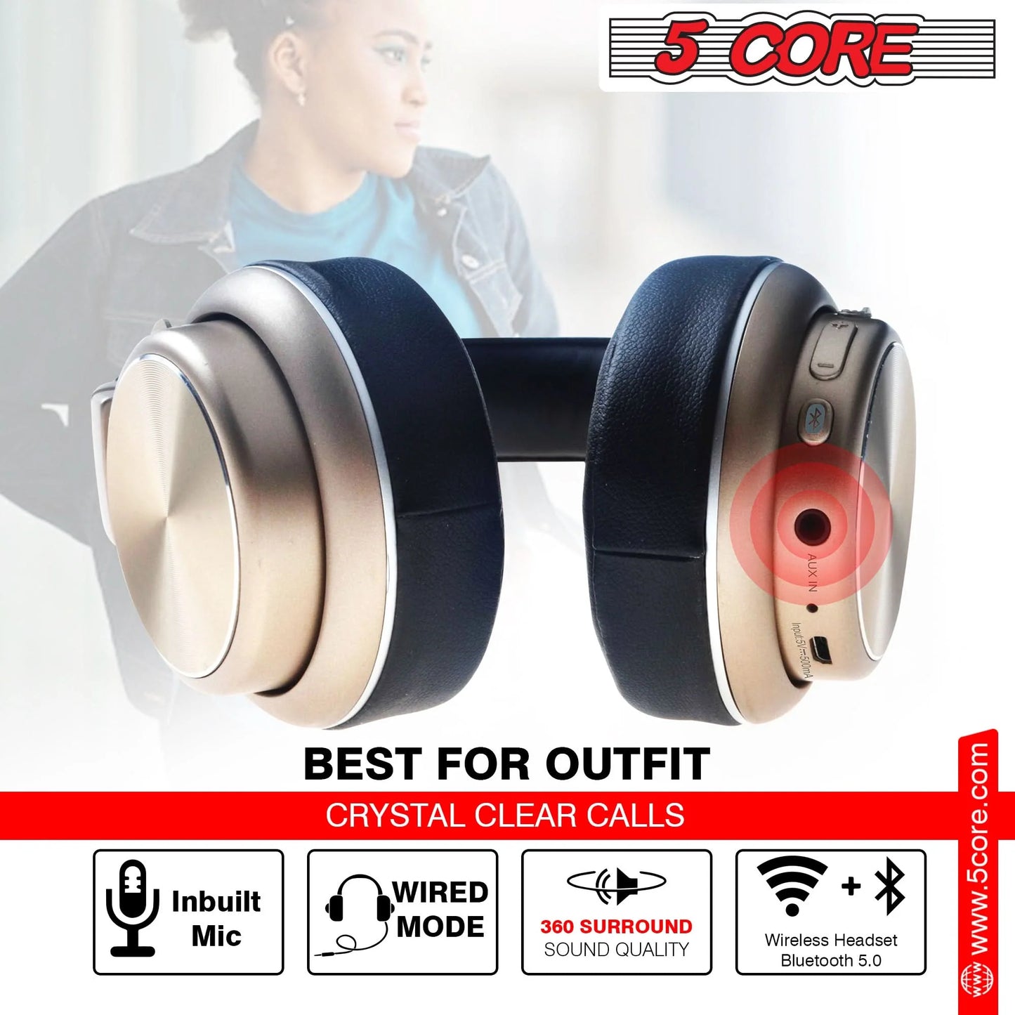 5 CORE Over-Ear Bluetooth Headphones with Noise Cancelling, Stereo Sound, Padded Ear Cups, and Adjustable Headband