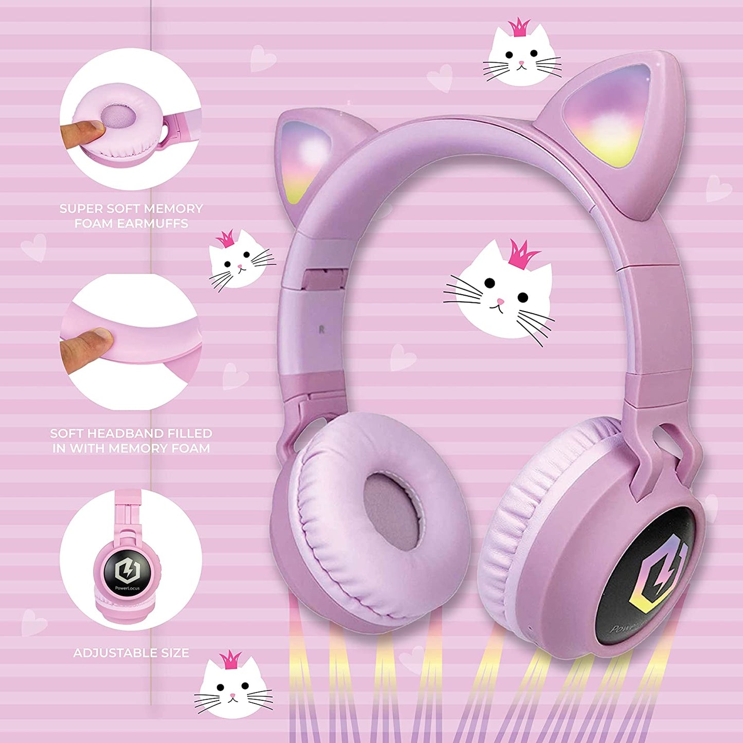 Kids Cat Ear Headphones, Kids Bluetooth Headphones, LED Lights Up, Safe Volume Limit, Micro SD/TF, Bluetooth 5.3, Kids Headphones Wireless for Ipad, Travel,Tablet (Pink)