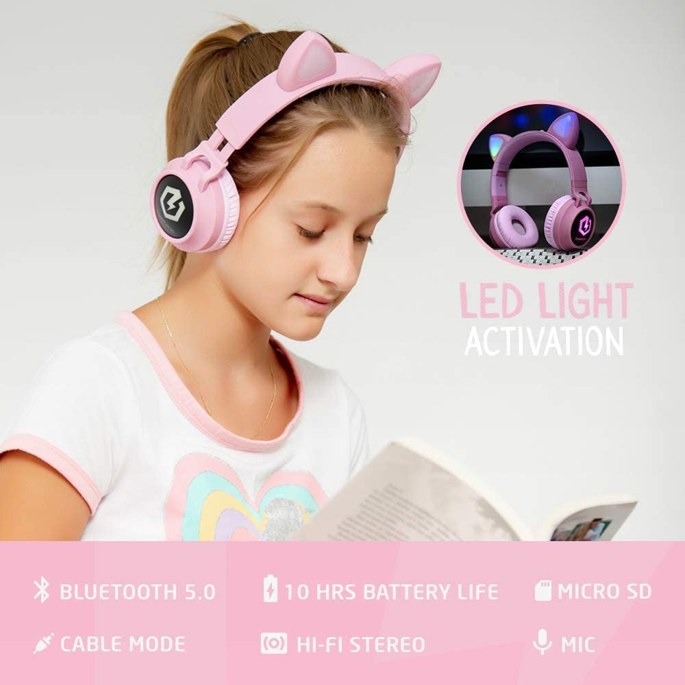 Kids Cat Ear Headphones, Kids Bluetooth Headphones, LED Lights Up, Safe Volume Limit, Micro SD/TF, Bluetooth 5.3, Kids Headphones Wireless for Ipad, Travel,Tablet (Pink)