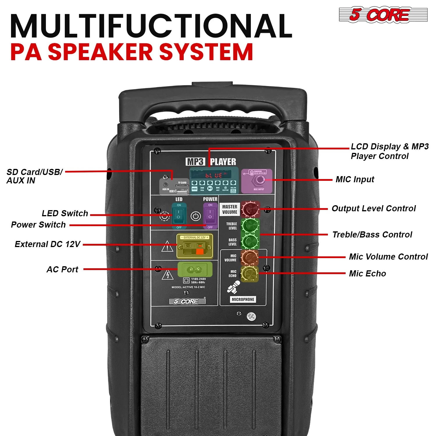 5Core 10-Inch Portable PA Bluetooth Party Speaker with Karaoke Functionality and Two Wireless Microphones