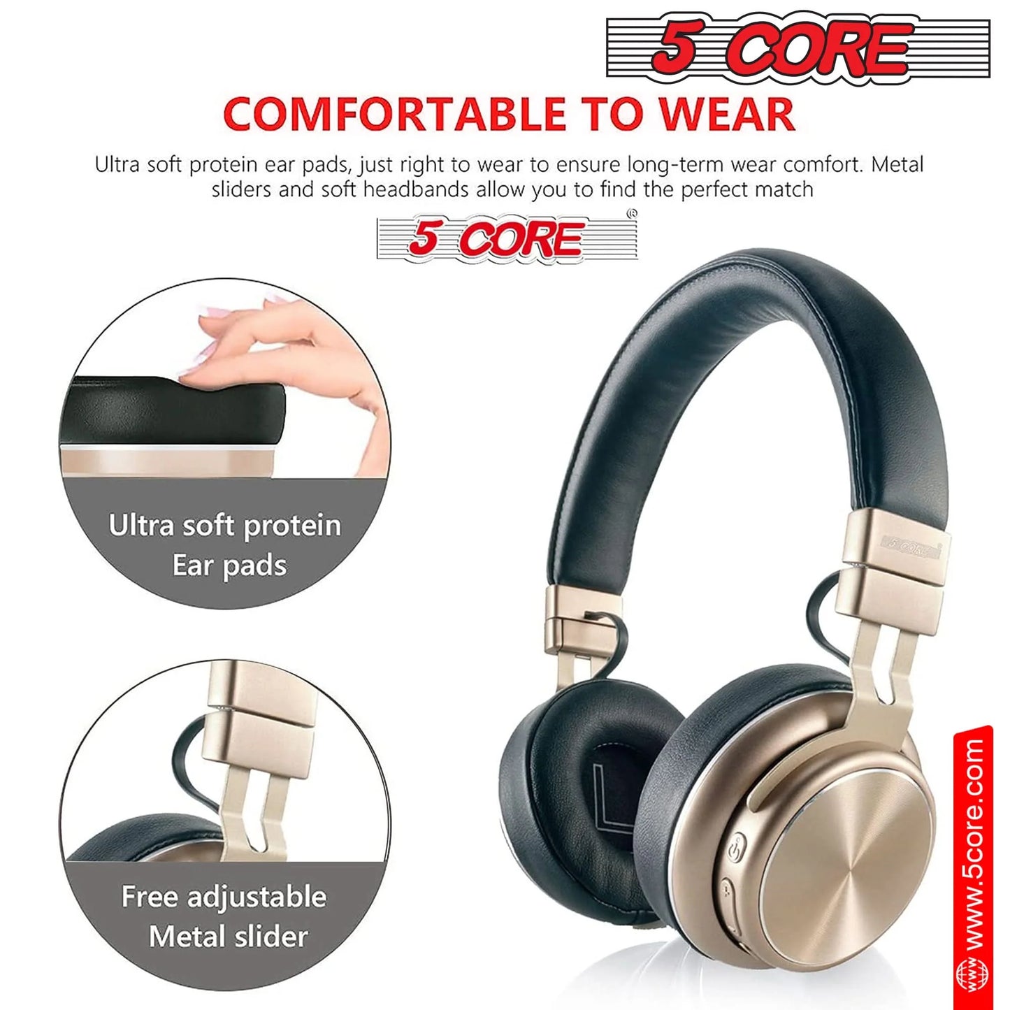 5 CORE Over-Ear Bluetooth Headphones with Noise Cancelling, Stereo Sound, Padded Ear Cups, and Adjustable Headband