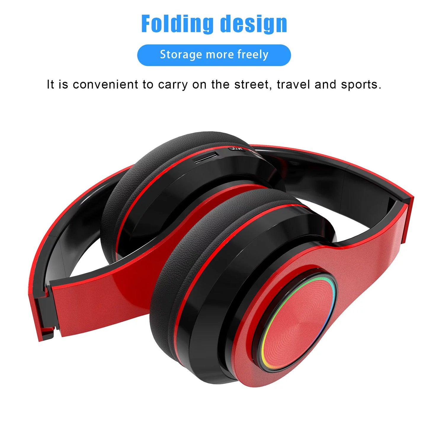 Foldable Over-Ear Bluetooth Singular Wireless Headphones with Mic, Red