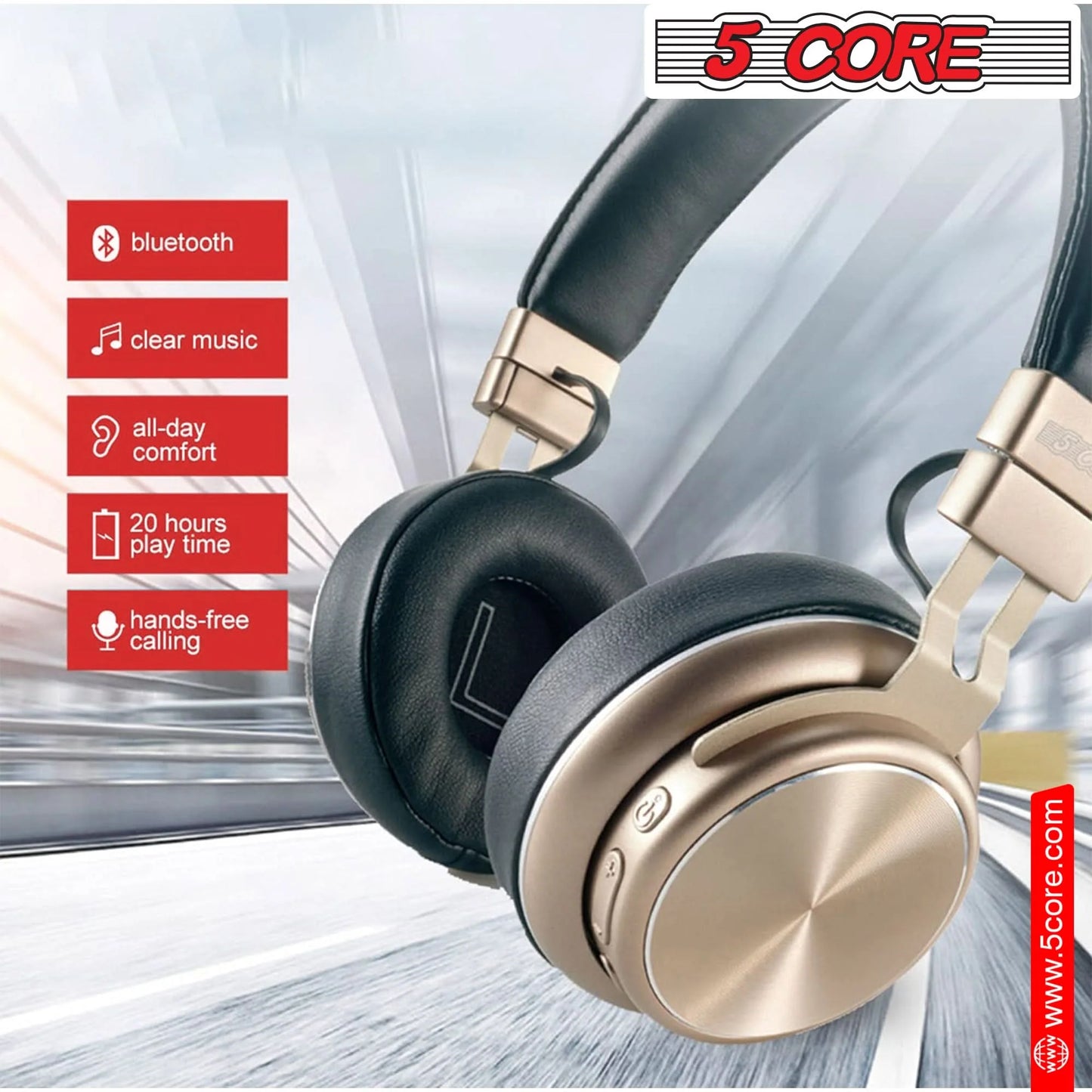 5 CORE Over-Ear Bluetooth Headphones with Noise Cancelling, Stereo Sound, Padded Ear Cups, and Adjustable Headband