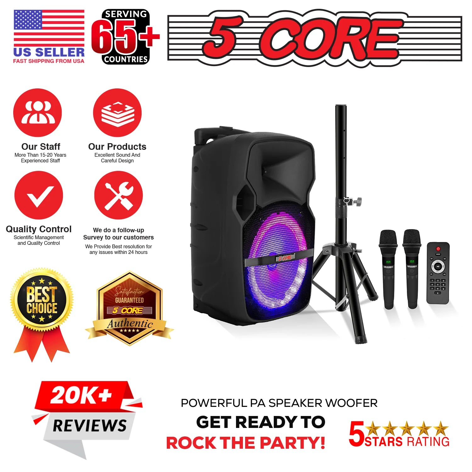 5Core 10-Inch Portable PA Bluetooth Party Speaker with Karaoke Functionality and Two Wireless Microphones