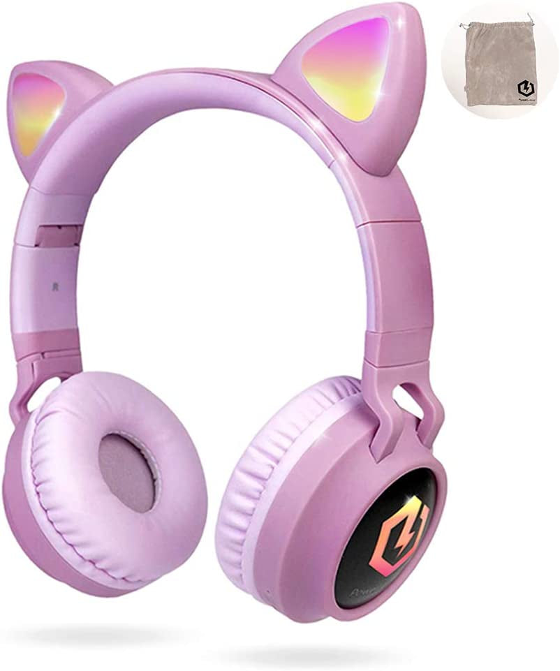 Kids Cat Ear Headphones, Kids Bluetooth Headphones, LED Lights Up, Safe Volume Limit, Micro SD/TF, Bluetooth 5.3, Kids Headphones Wireless for Ipad, Travel,Tablet (Pink)