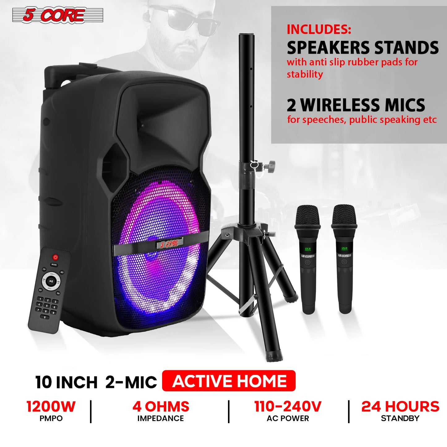 5Core 10-Inch Portable PA Bluetooth Party Speaker with Karaoke Functionality and Two Wireless Microphones